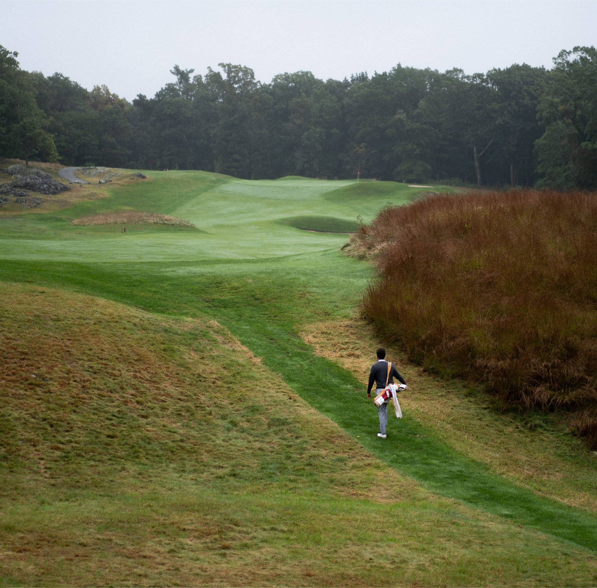 Golfer in a dark top carrying a stand bag along a mown path through rough toward a green on a misty, wooded course.