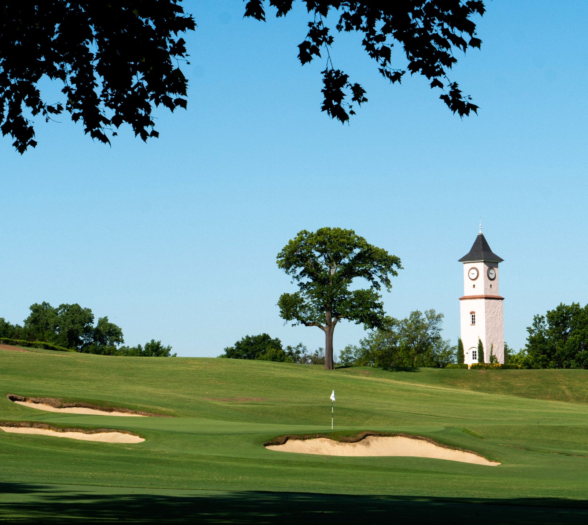 Golf green with a white flag, sand bunkers and a tall white clock tower rising behind a large tree.