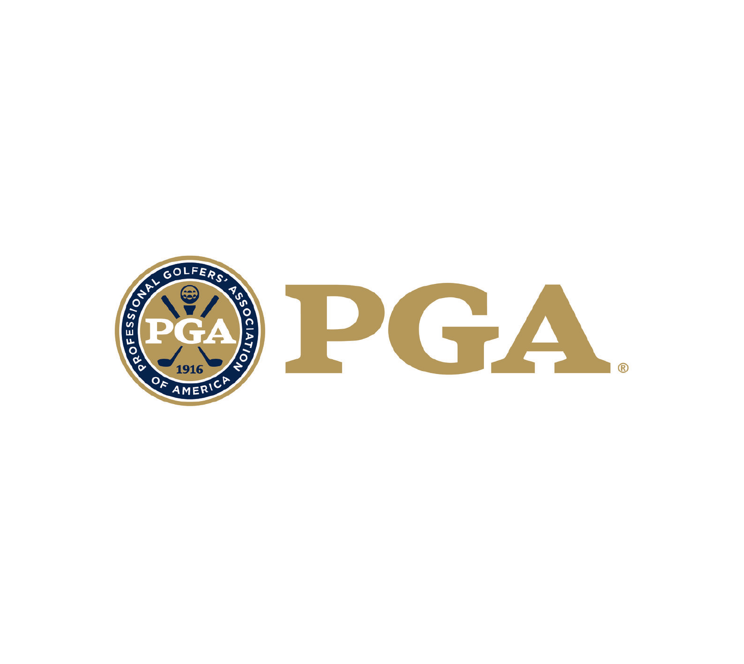 PGA of America logo with a navy and gold seal beside gold "PGA" lettering.