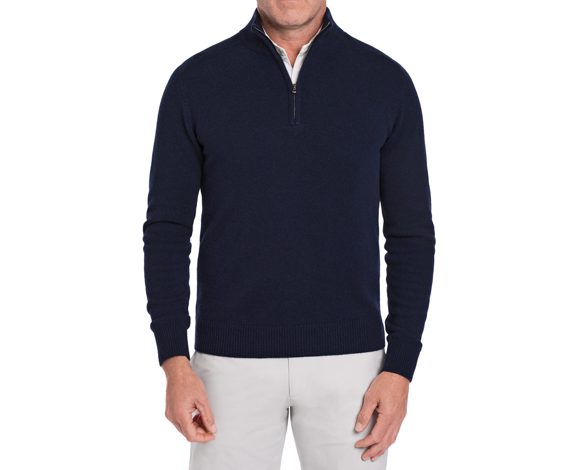 Holderness & Bourne Men’s Navy Quarter Zip Sweater worn by a person on a white background