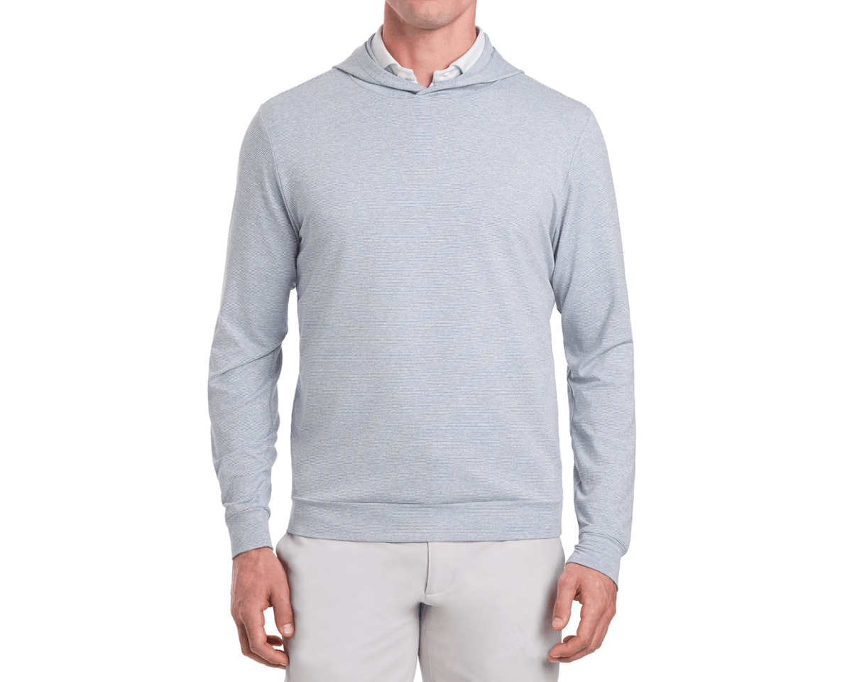 Model Wearing Holderness & Bourne Men’s Blue And White Striped Hoodie