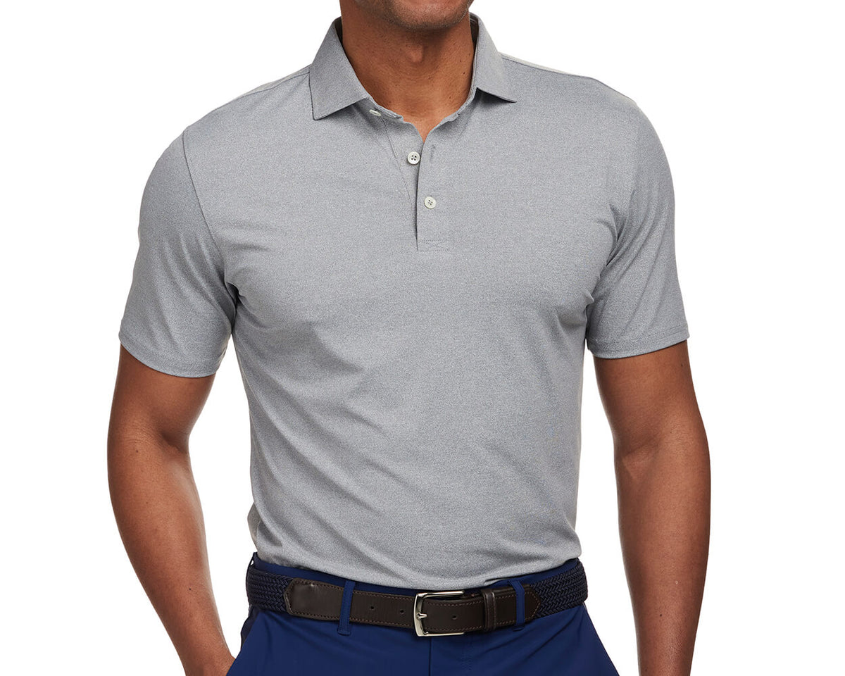 Front shot of Holderness and Bourne heathered gray shirt modeled on man's torso.