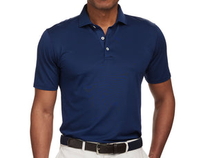 Front shot of Holderness and Bourne navy blue golf polo mens modeled on man's torso.