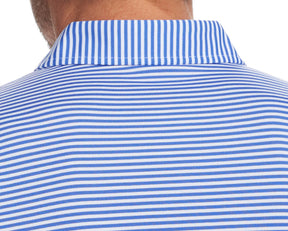 Back shot of Holderness and Bourne blue striped polo shirt collar modeled on man's torso.