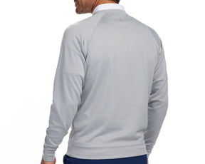 Back shot of Holderness and Bourne gray pullover modeled on man's torso.