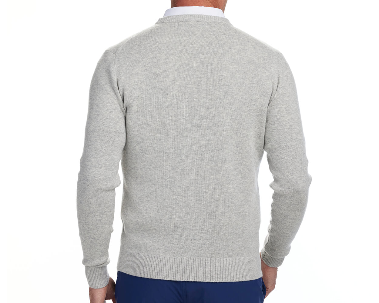 Back shot of Holderness and Bourne heathered gray sweater modeled on man's torso.