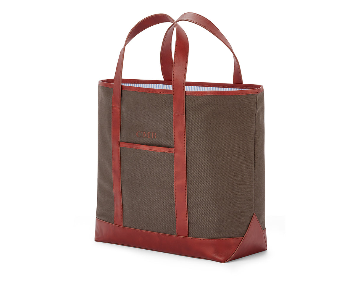The Travis Tote Bag Cotton Twill: Scotch Green with Whiskey Brown Embroidered Lettering