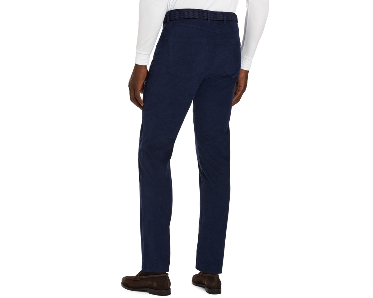 Model Wearing Men's Navy Blue Corduroy Pants - 30" Length
