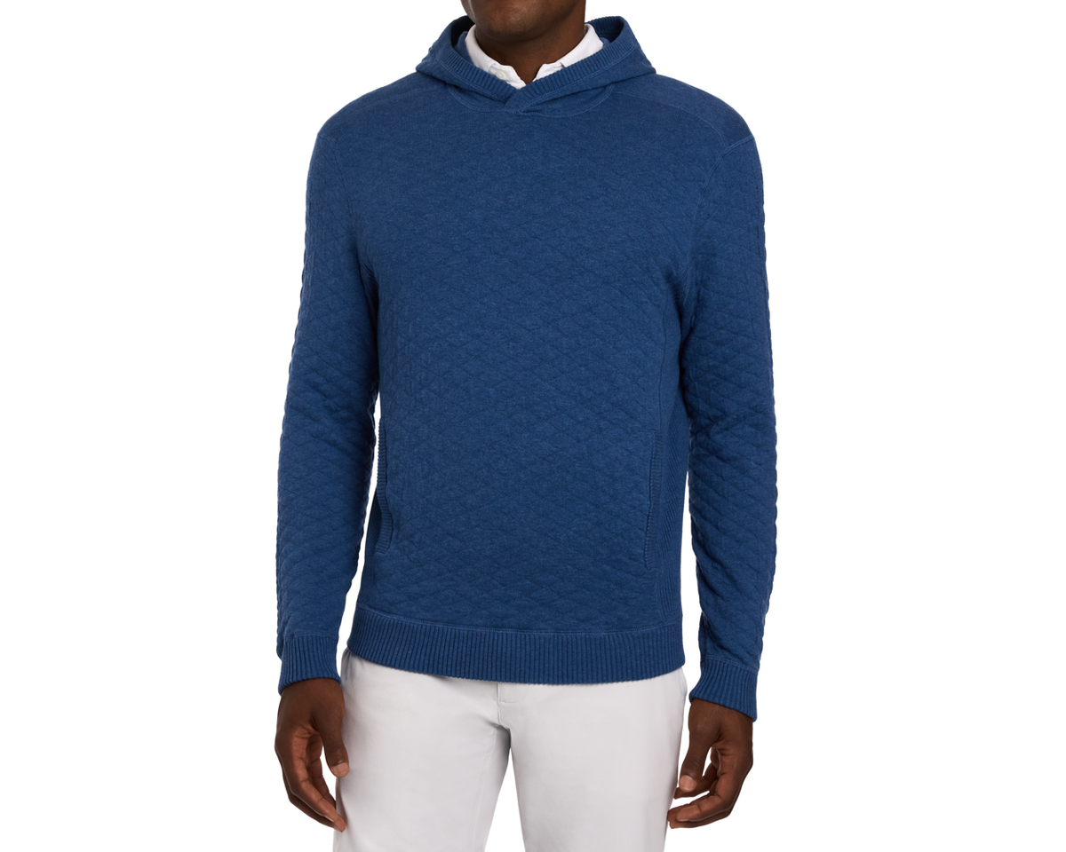 Model Wearing Holderness & Bourne Mens Blue Cotton Hoodie