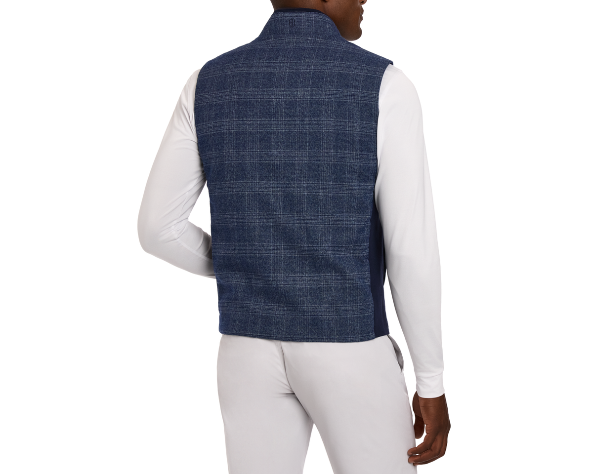 Model Wearing Holderness & Bourne Blue Windowpane Golf Vest