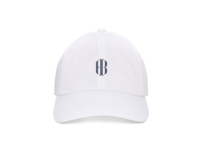 The Lightweight Cotton Hat: White with HB Icon features a gothic monogram on the front, low profile, adjustable closure, and UPF 50+ protection.