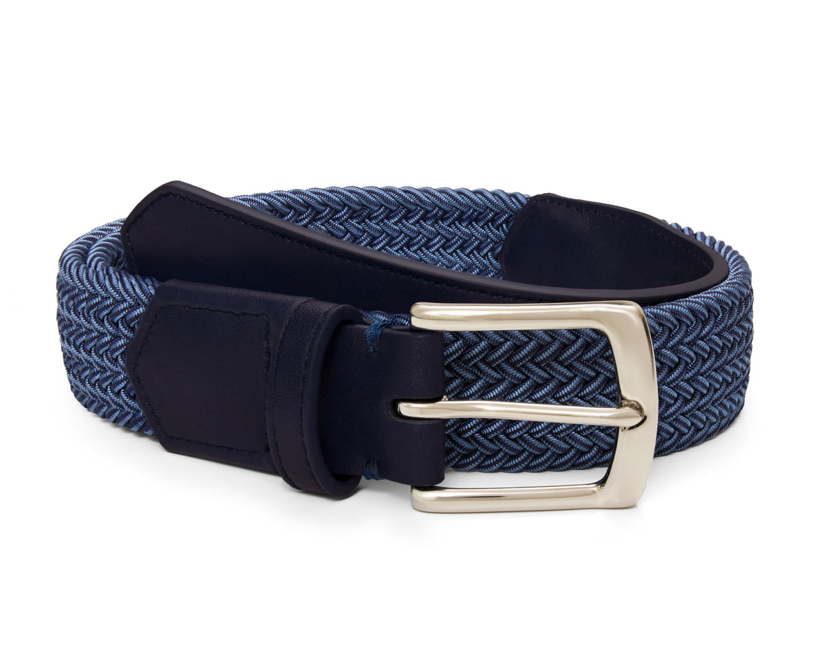 The Fischer Belt: Navy & Slate Microstripe - Navy Leather