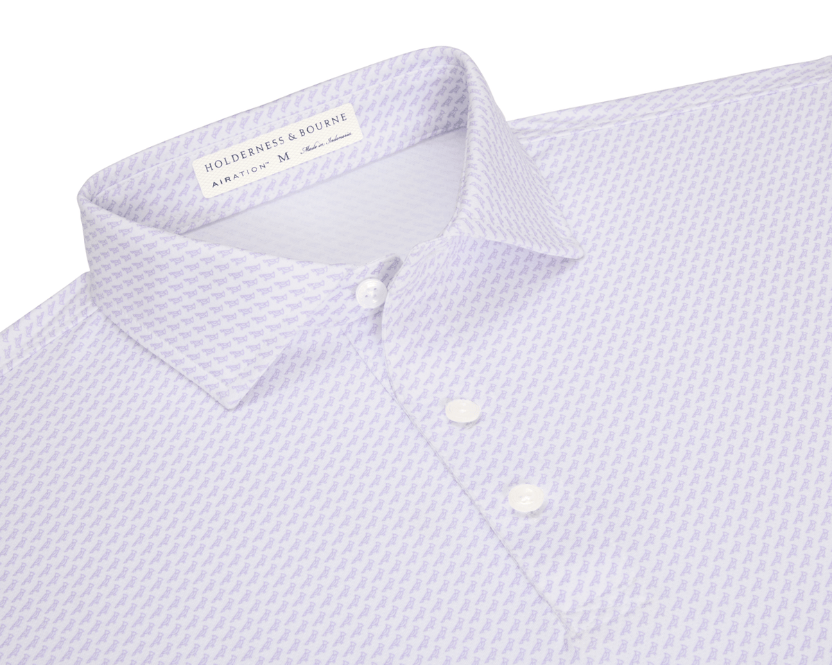 The Walton Shirt: Tudor in light lavender features a classic point collar, three-button placket, and micro-repeating motif, crafted from breathable, stretchy AIRATION™ fabric.