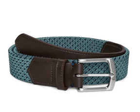 The Fischer Belt: Dark Harbor & Navy Basketweave features a teal braided design with dark brown leather trim and a polished silver-tone buckle.