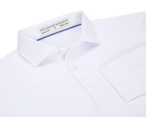 The Abbott Shirt: White, features a long-sleeved, collared design with a three-button placket, chest pocket, and contrast collar band piping, showcasing Holderness & Bourne's signature fit.
