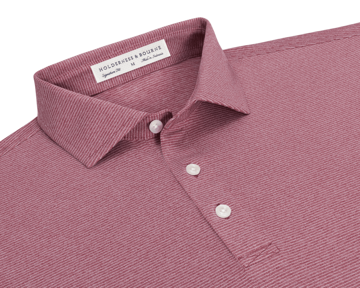 Collar and placket detail of The Holland Shirt: Heathered Napa, showing the fine heathered stripes, spread collar, three buttons, and Signature Fit label.