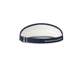 Back shot of navy Holderness and Bourne tour visor with embroidered brand name. 