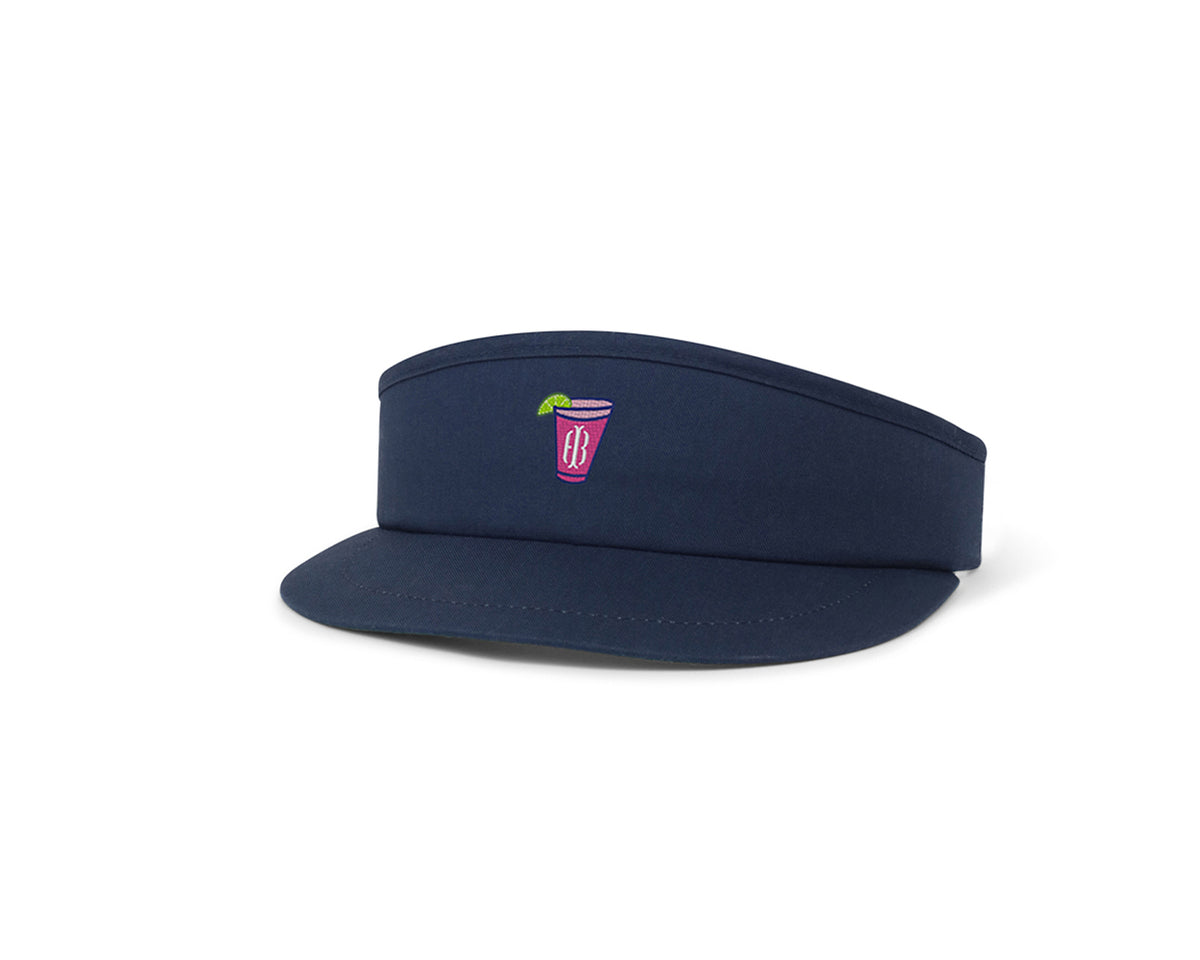 Navy golf visor with pink branded Holderness and Bourne cocktail logo angled to the left.