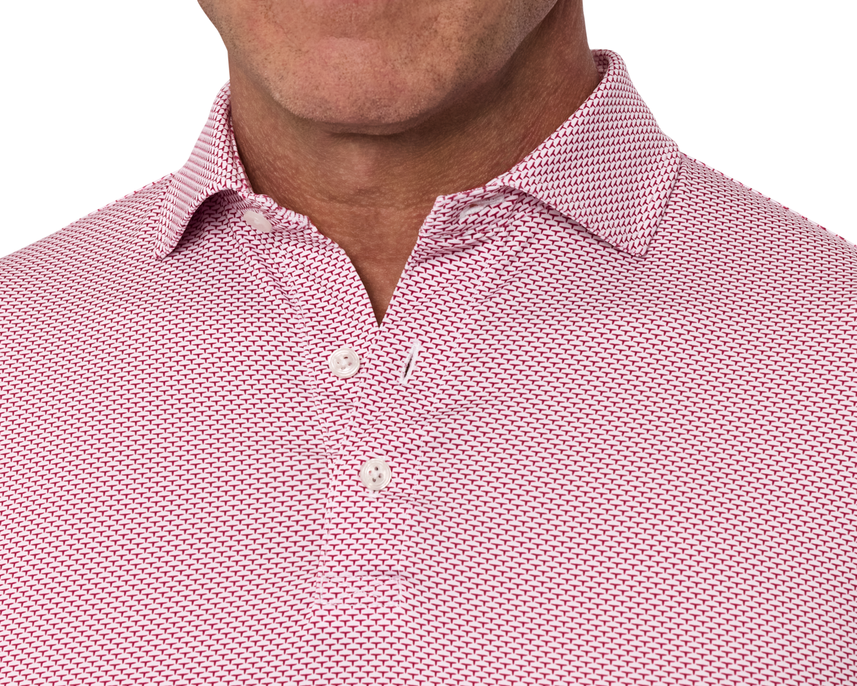 The Armfield Shirt: Liberty Red features a geometric pattern, fold-over collar, and two-button placket, offering comfort with its stretch jersey knit and structured fit.
