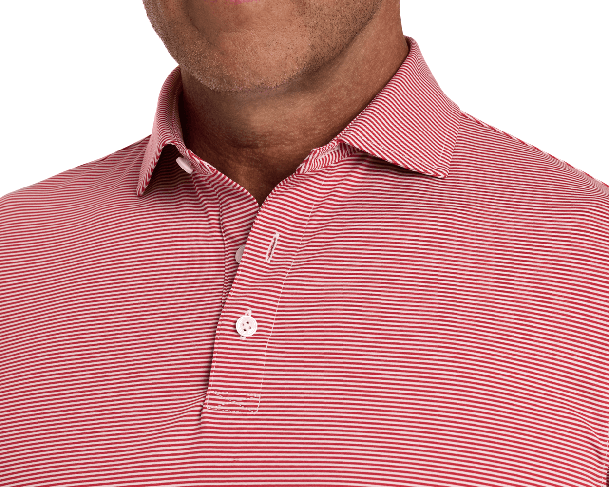 The Perkins Shirt: Liberty Red & White features fine white stripes, a classic collar, two-button placket, offering four-way stretch and UPF 50+ protection.