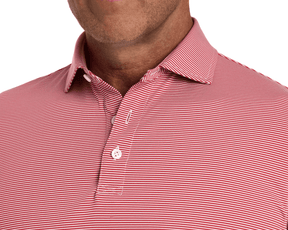 The Perkins Shirt: Liberty Red & White features fine white stripes, a classic collar, two-button placket, offering four-way stretch and UPF 50+ protection.
