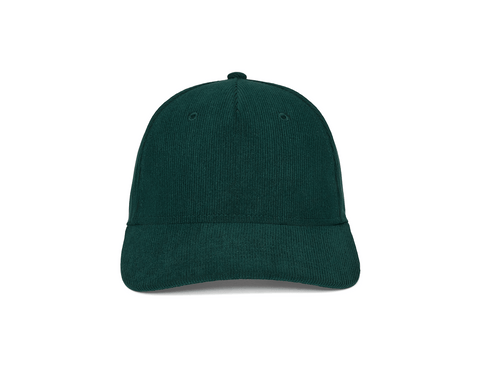 Front view of The Corduroy Hat: Cypress, a plain dark green six-panel cap with fine-wale corduroy, stitched eyelets, and a curved brim.