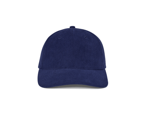 Front view of The Corduroy Hat: Navy, showing the structured six-panel crown, fine corduroy texture, stitched eyelets, and curved brim.