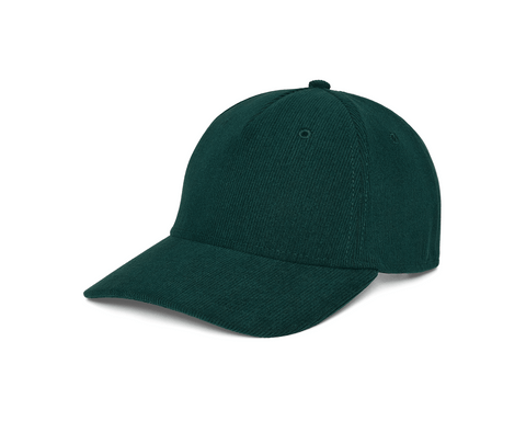 Three-quarter view of The Corduroy Hat: Cypress showing its structured crown, top button, stitched seams, and curved corduroy-covered brim.