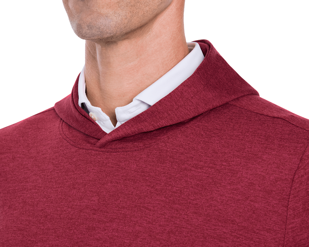 Close-up of a person wearing Holderness & Bourne Men’s Burgundy Hoodie over a white shirt on a white background