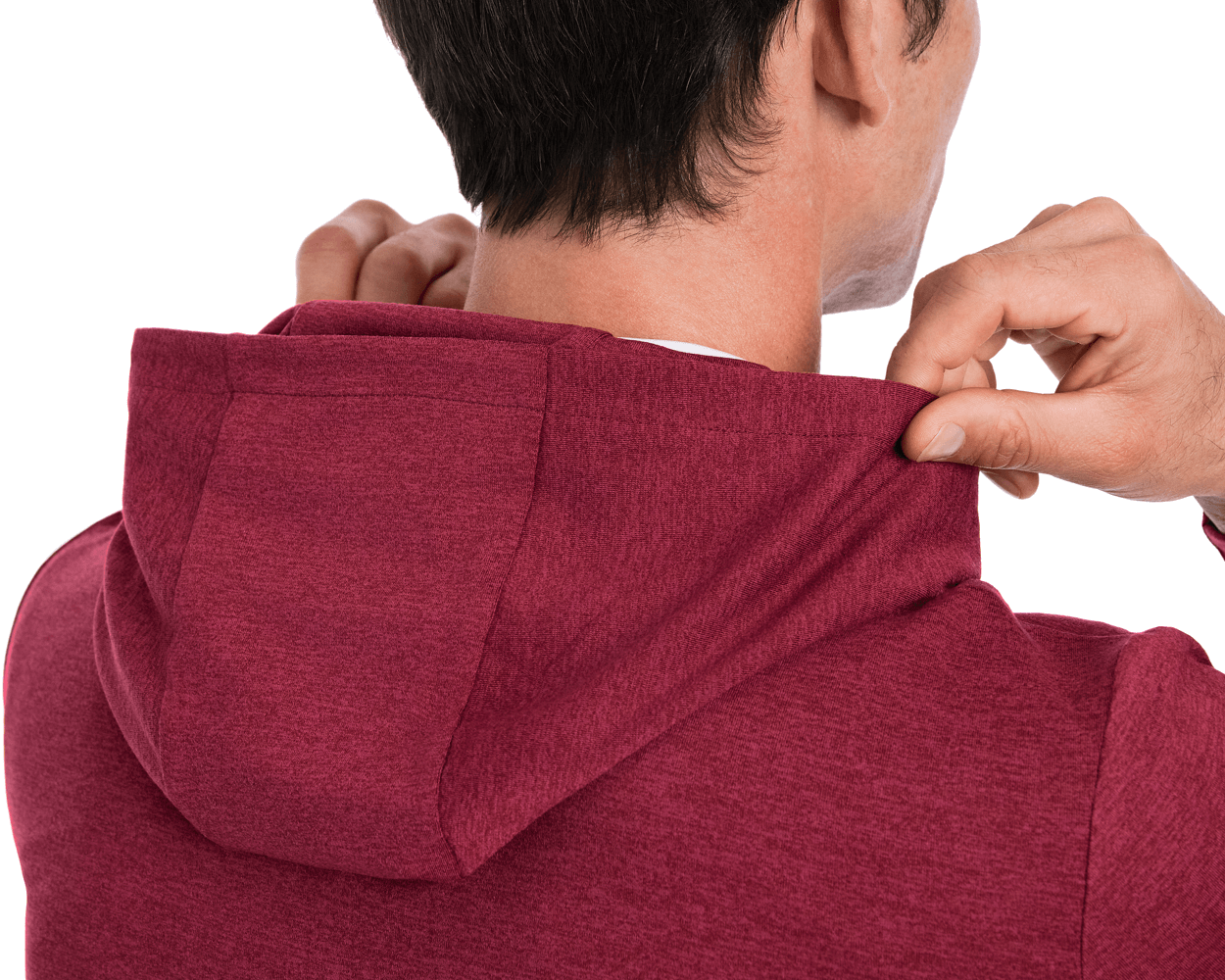 Person wearing Holderness & Bourne Men’s Burgundy Hoodie with a close-up of the hood being adjusted.