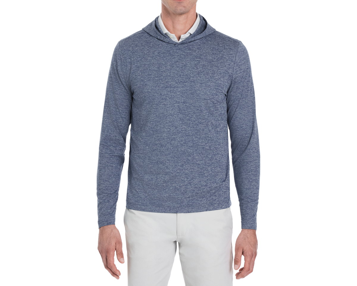 Man wearing Holderness & Bourne Men’s Dark Blue Hoodie with a white background