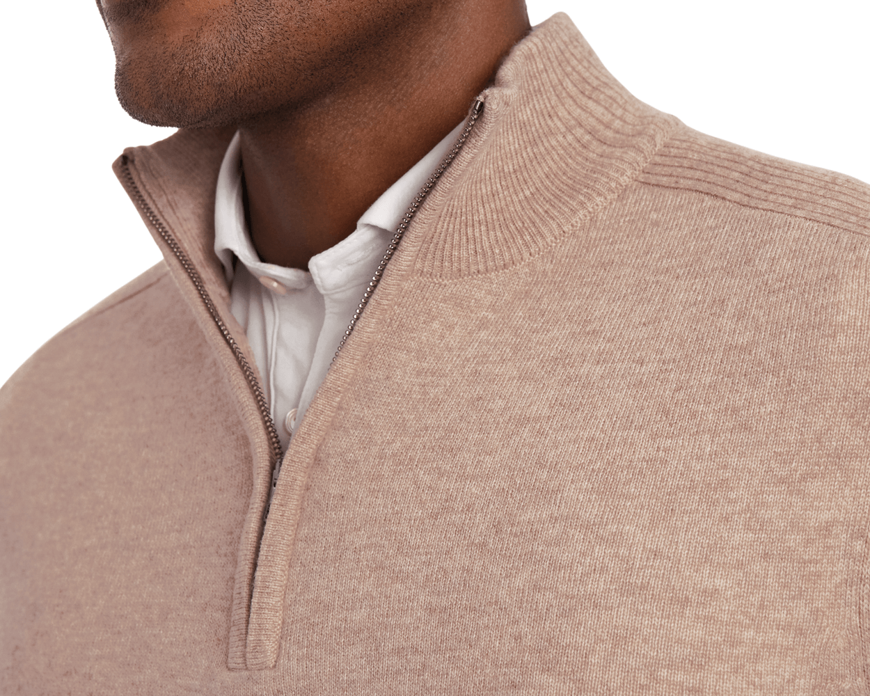 Close-up of Holderness & Bourne Men’s Tan Pullover Sweater, worn over a white shirt.