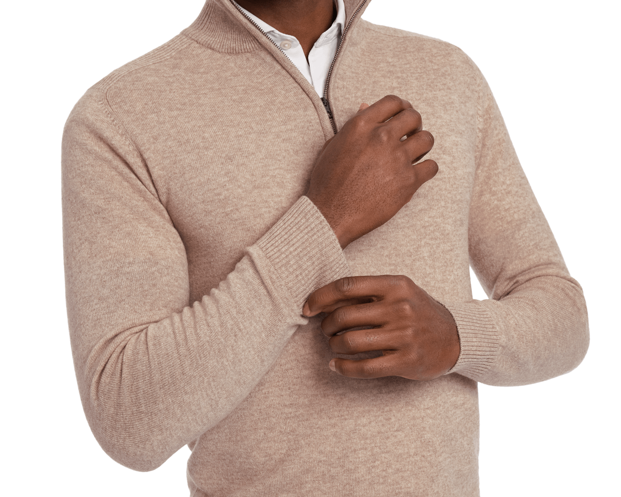 Man wearing a Holderness & Bourne Men’s Tan Pullover Sweater on a white background