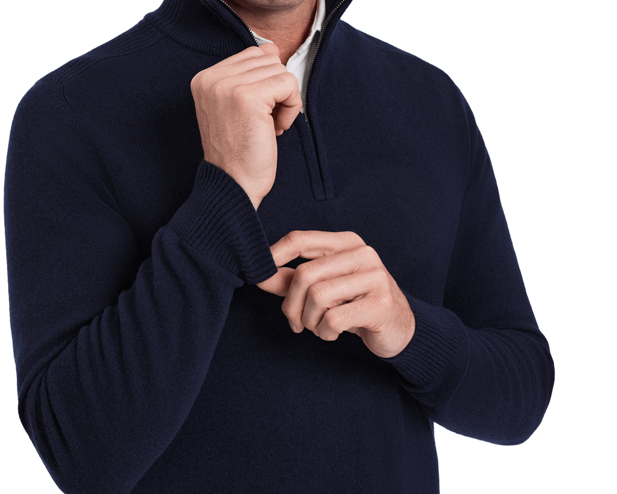 Person wearing Holderness & Bourne Men’s Navy Quarter Zip Sweater with a white shirt underneath on a white background