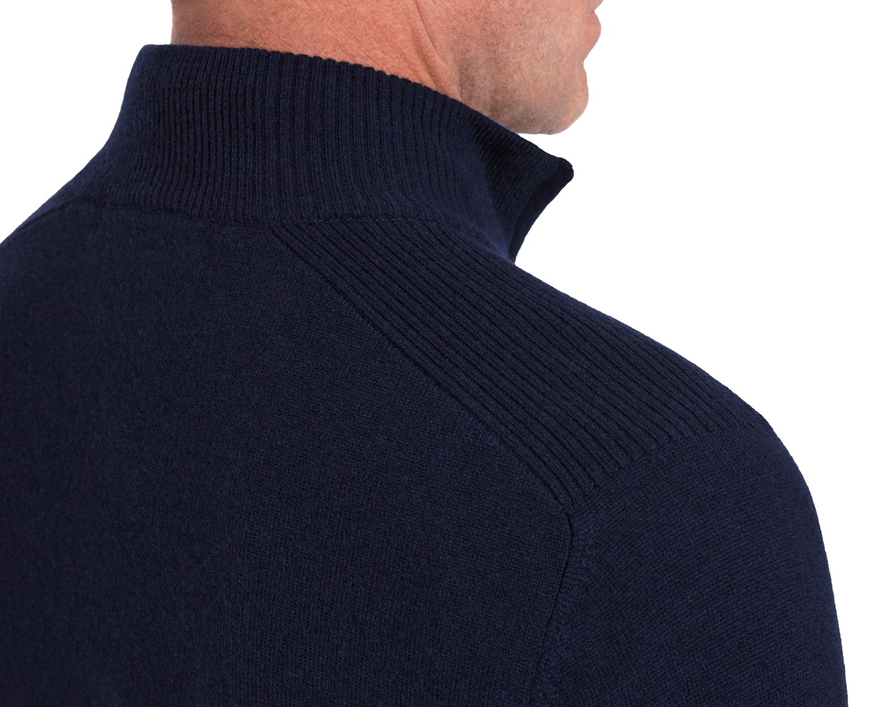 Holderness & Bourne Men’s Navy Quarter Zip Sweater turtleneck worn by a person on a white background