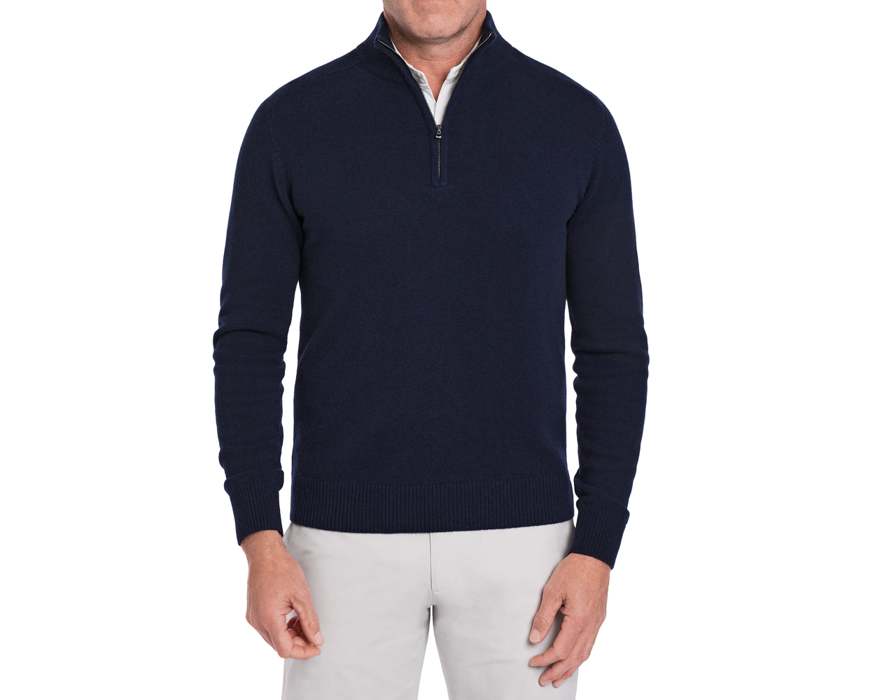 Holderness & Bourne Men’s Navy Quarter Zip Sweater worn by a person on a white background