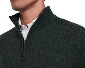 Holderness & Bourne Men’s Olive Green Quarter Zip Sweater worn over a white shirt on a white background