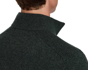 Holderness & Bourne Men’s Olive Green Quarter Zip Sweater with a high collar on a white background