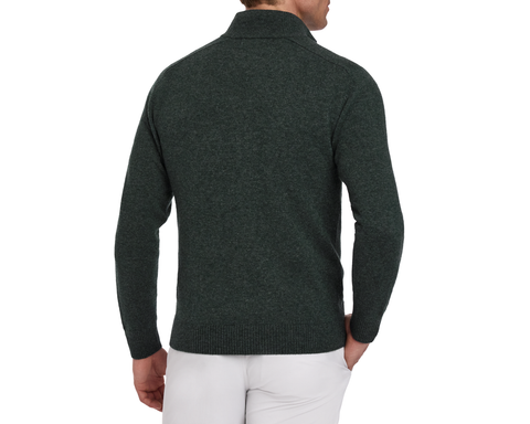 Holderness & Bourne Men’s Olive Green Quarter Zip Sweater worn by a person on a white background