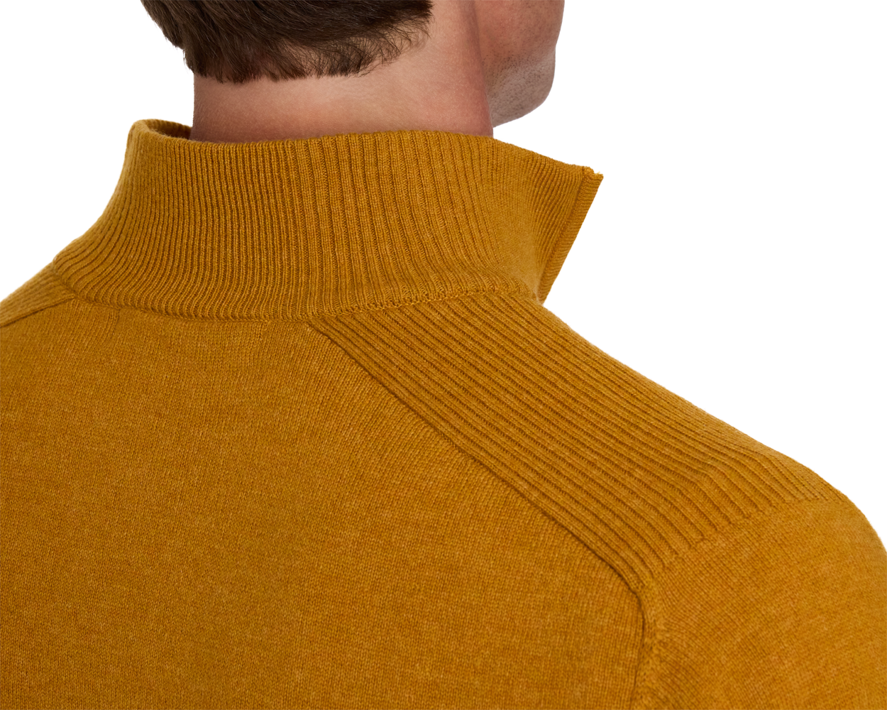 Holderness & Bourne Men’s Golden Yellow Sweater collar on a white background