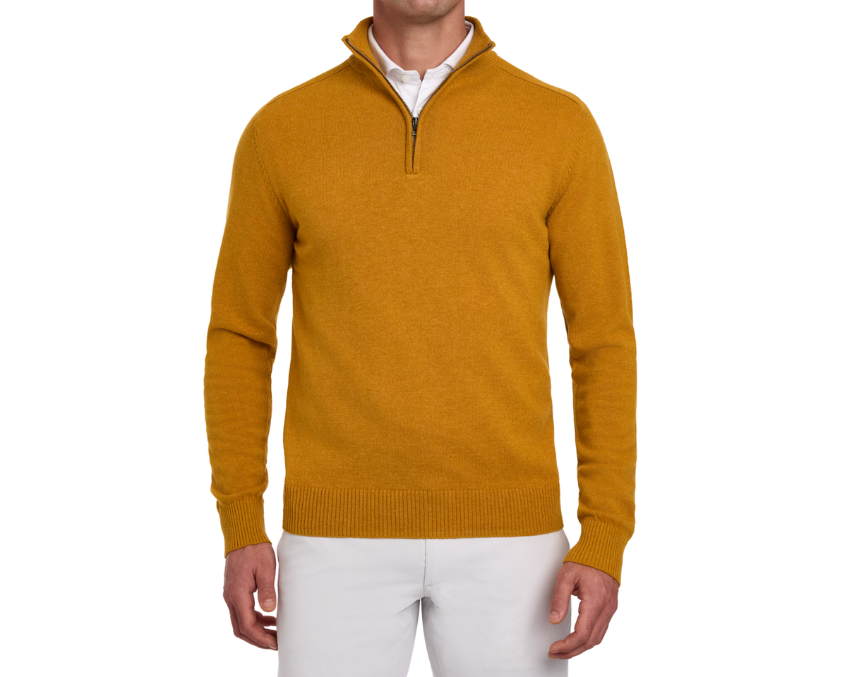 Holderness & Bourne Men’s Golden Yellow Sweater worn by a person on a white background