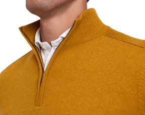 Holderness & Bourne Men’s Golden Yellow Sweater over a white shirt on a white background