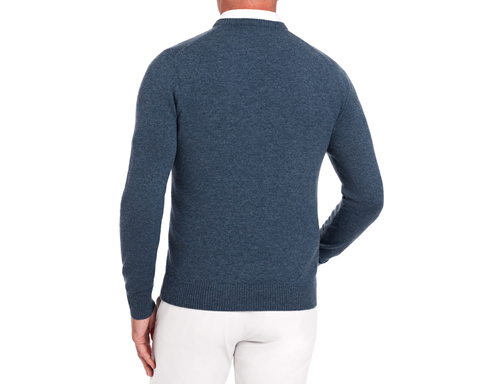 Holderness & Bourne Men’s Blue Knit Sweater worn by a person on a white background