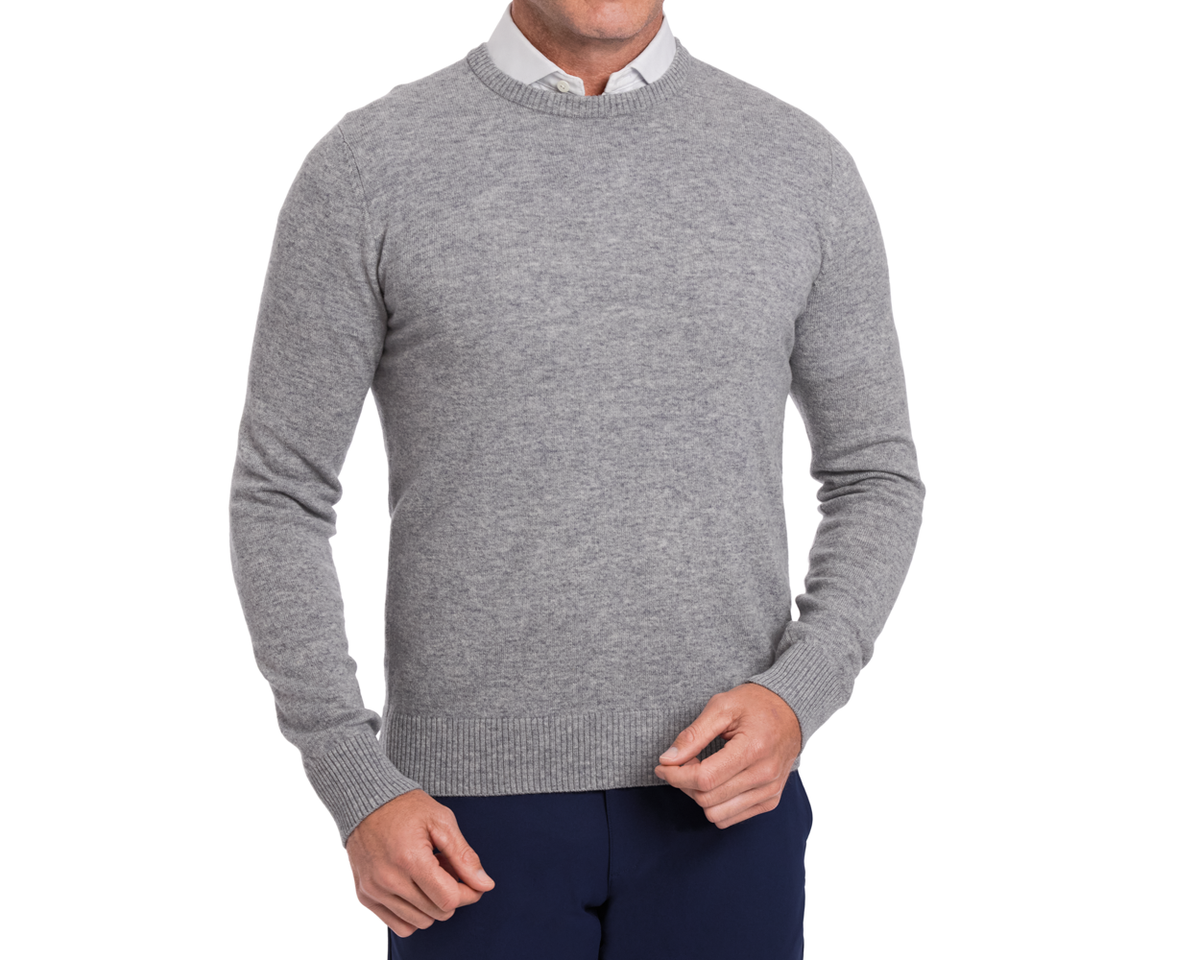 Holderness & Bourne Men’s Light Gray Crewneck Sweater worn by a person on a white background
