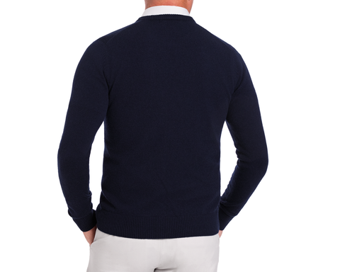 Holderness & Bourne Men’s Navy Crewneck Sweater worn by a person on a white background