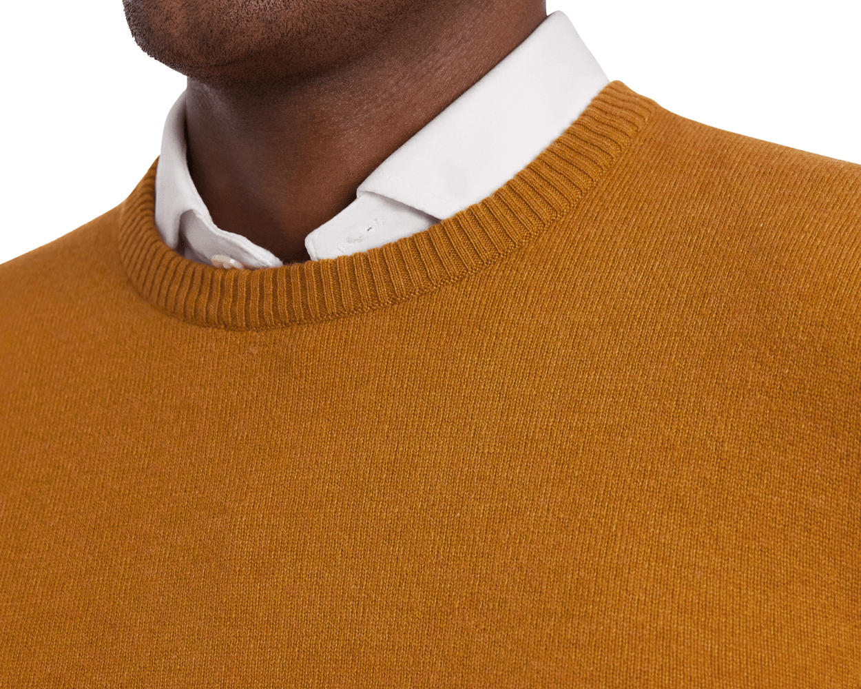 Close-up of Holderness & Bourne Men’s Golden Yellow Pullover Sweater with a white shirt underneath