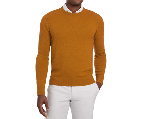 Holderness & Bourne Men’s Golden Yellow Pullover Sweater worn by a person on a white background