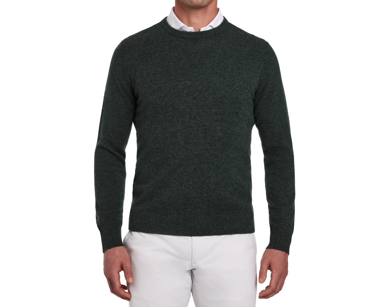 Holderness & Bourne Men’s Dark Green Cashmere Sweater worn by a person on a white background