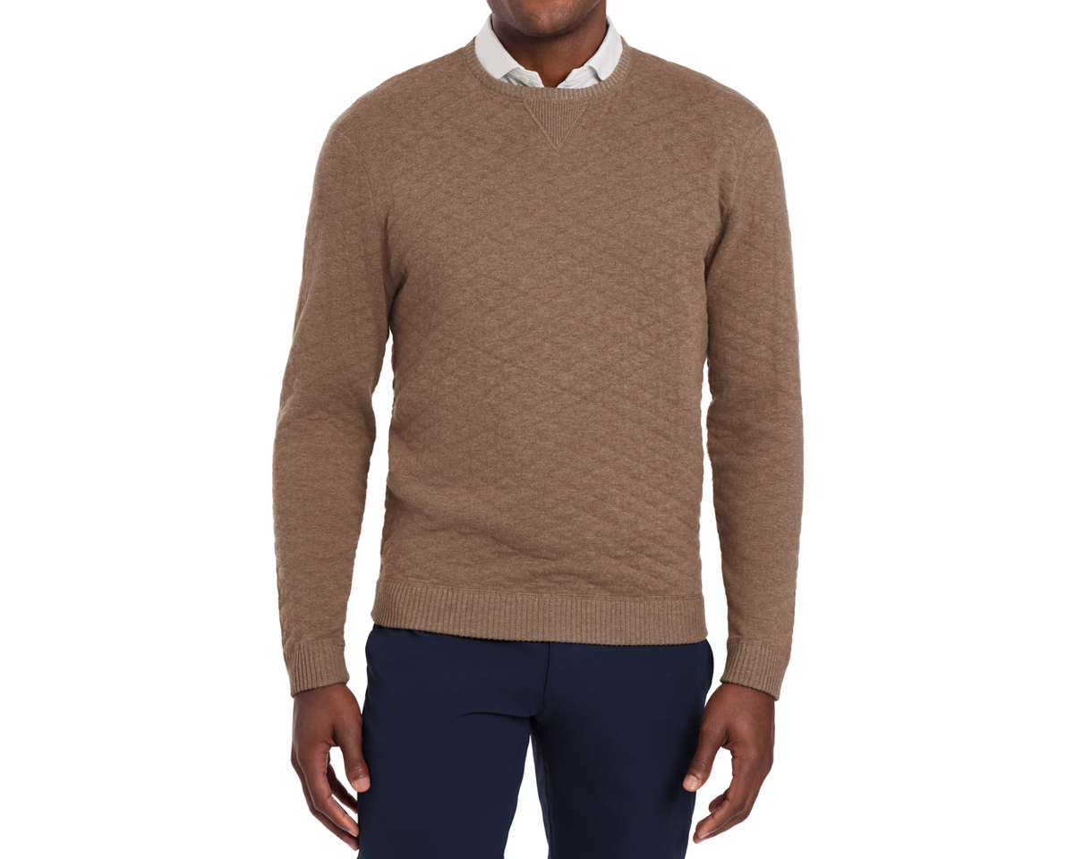 Model Wearing Holderness & Bourne Men’s Brown Crewneck Sweater