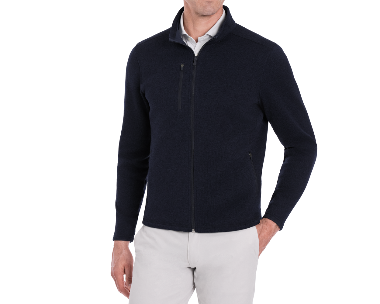 Man wearing Holderness & Bourne Men’s Navy Zip Up Jacket on a white background